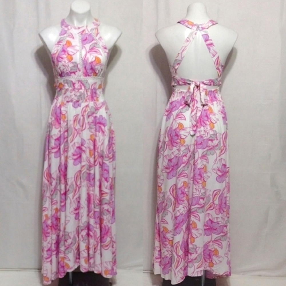 Abel The Label Floral Halter Open Back Maxi Dress Smocked Waist Small Summer